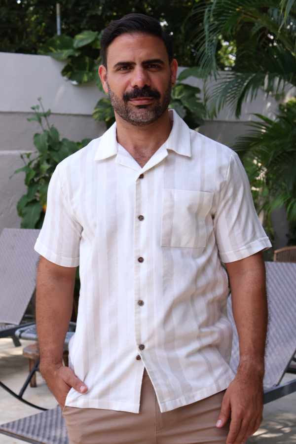 Camisa De Algodón Manga Corta Estilo Resort Estampado Arena Para Caballero